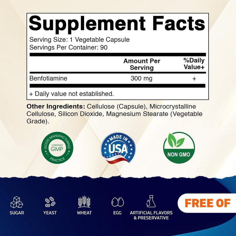Vitamatic Benfotiamine 300 mg, 90 Vegetarian Capsules | Fat Soluble Form of Vitamin B1, Supports Healthy Energy Metabolism and Nervous System*, Non-GMO, Gluten Free, Made in USA 1 Bottle
