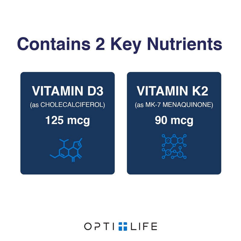 Opti+ Vitamin D3 K2 (MK-7) Supplement – Supports Bone Strength, Cardiovascular Health & Immune Function*, Vitamin D3 K2 Daily Support – 120 Capsules, 120-Day Supply