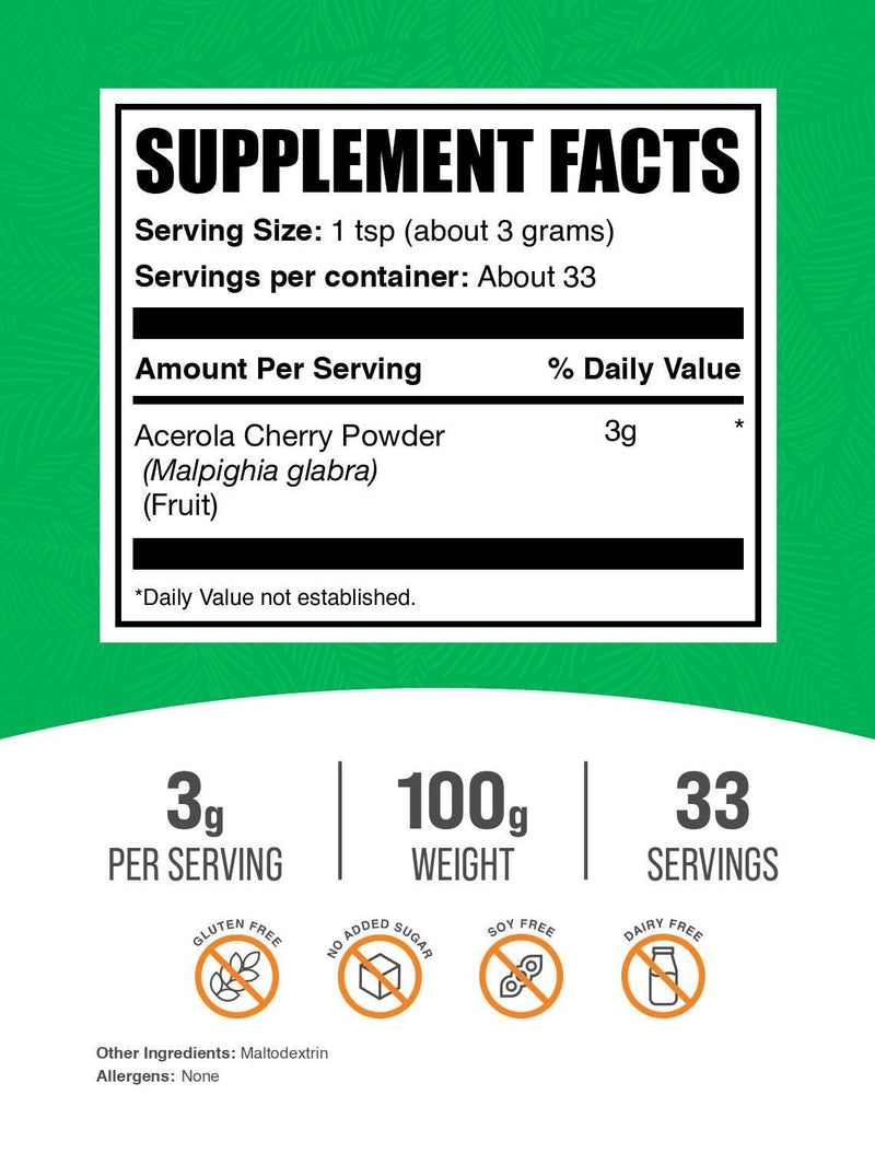 BulkSupplements.com Acerola Cherry Powder - Fruit Powder, Acerola Cherry Supplement, Vitamin C Supplement - Gluten Free, 3g per Serving, 100g (3.5 oz) (Pack of 1) 3.5 Ounce (Pack of 1)