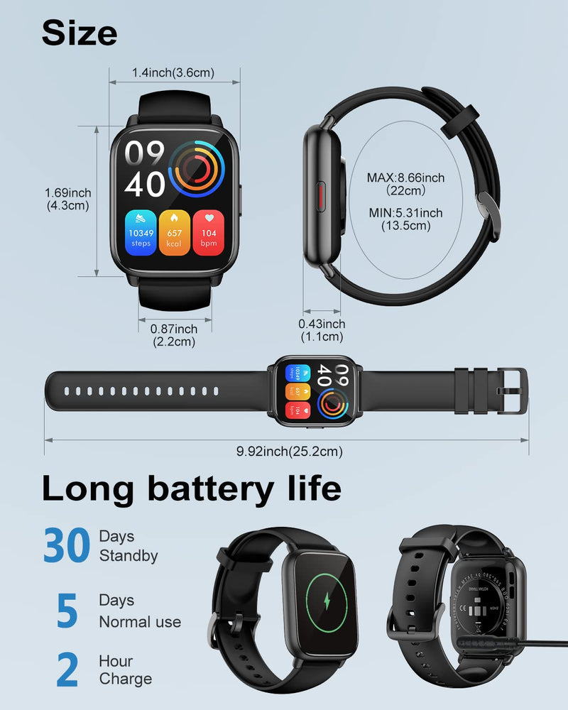 RUIMEN Smart Watches for Men Women (Answer/Make Calls), 1.8" Smartwatch for iOS/Android Phones, Fitness Tracker Watch with Heart Rate/Sleep Monitor Pedometer Waterproof (2 Bands Included), Black - BeesActive Australia