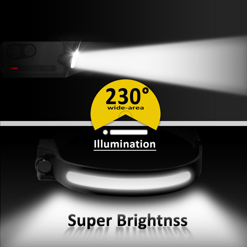 LED Headlamp Rechargeable with Motion Sensor USB Head Lamp Comfortable Headband with Wide Beam 5 Modes 350 Lumen Ultra Bright Flashlight Head light for Outdoor Camping Hiking Running Work Pack of 3 3 Pack Black