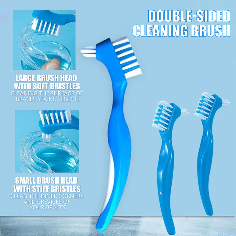 3Pcs Denture Toothbrush Double Heads Denture Brush Portable Denture Cleaning Tool Oral Care Set False Teeth Denture Cleaner Anti-Slip Handle Hygiene Denture Brush,Blue - BeesActive Australia