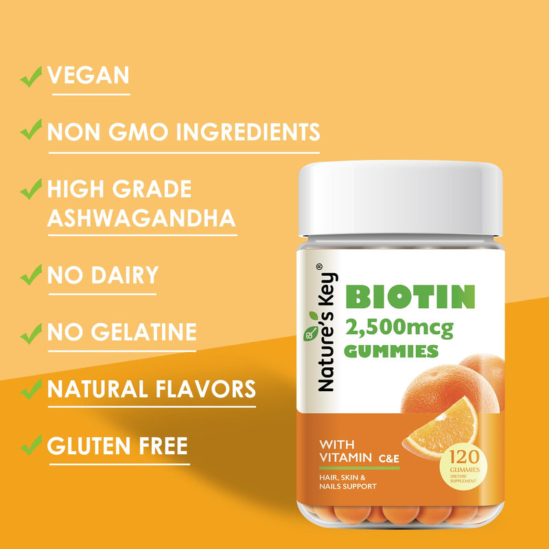 Nature's Key Biotin Gummies with Vitamin C and E, Support Hair Nails Growth & Beautiful Skin for Women Men and Kids, Vegan, Orange Flavors, 120 Count 120 Count (Pack of 1)