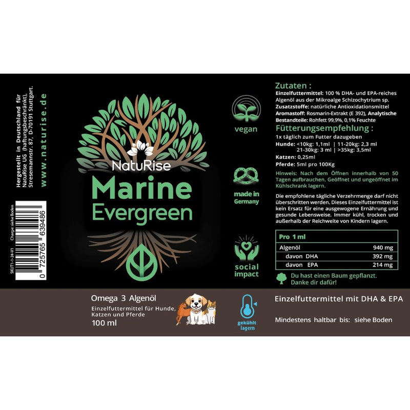 NatuRise® Omega 3 Vegan - Pets - Dogs, Cats, Horses - 100% algae oil - 100% algae flavor - 1822mg DHA & EPA - 100 ml - Laboratory tested - Triglyceride form - Pipette with dosing scale - UV glass - BeesActive Australia