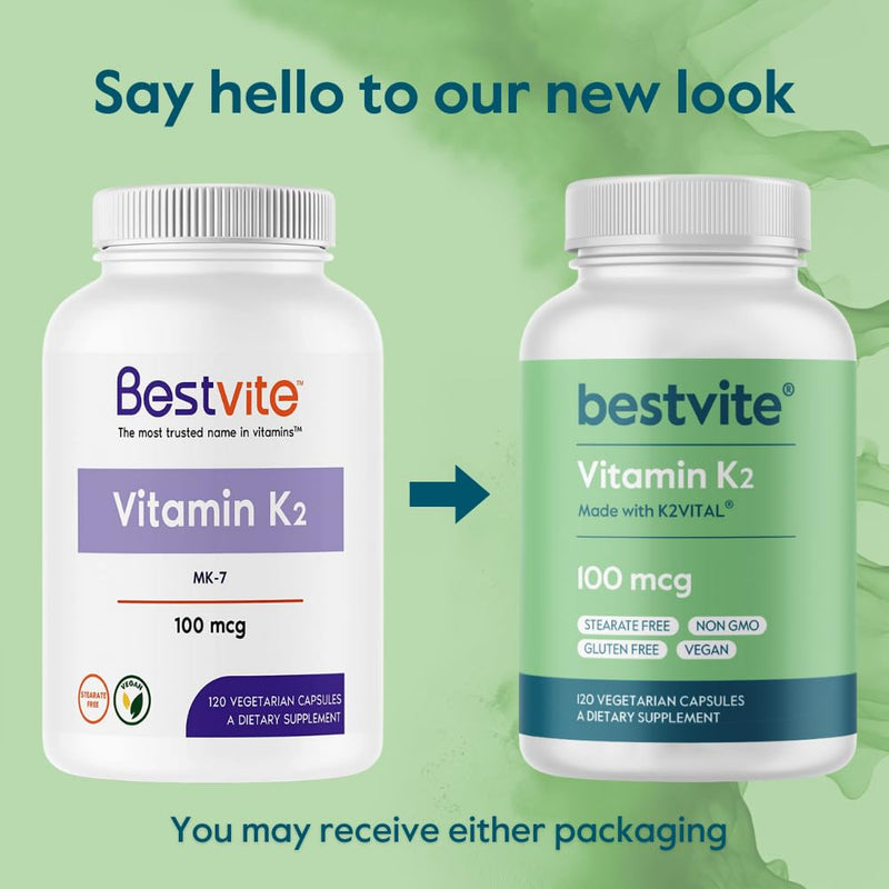 BESTVITE Vitamin K2 100 mcg as MK-7 w/Patented K2VITAL (120 Vegetarian Capsules) - No Stearates - Vegan - Non GMO - Gluten Free 120 Count (Pack of 1) - BeesActive Australia
