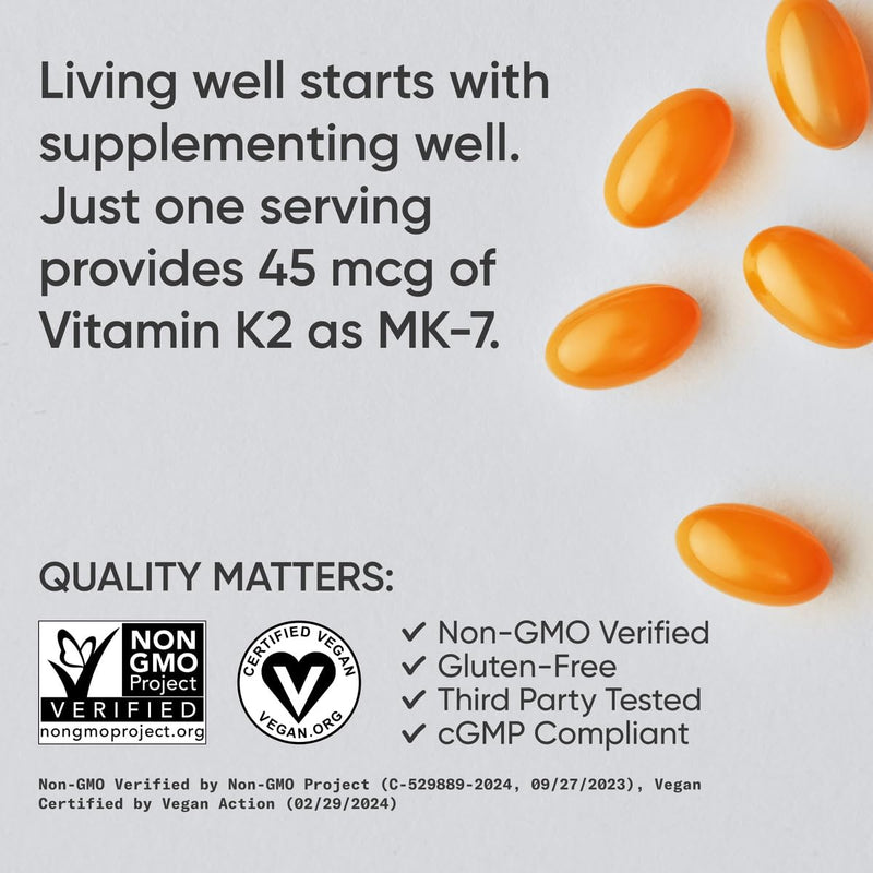 Sports Research Vitamin K2 as MK-7 45mcg with Coconut MCT Oil - 90 Veggie Softgels (3 Month Supply) Vegan Certified, Non-GMO Verified, Gluten & Soy Free 90 Count (Pack of 1) - BeesActive Australia