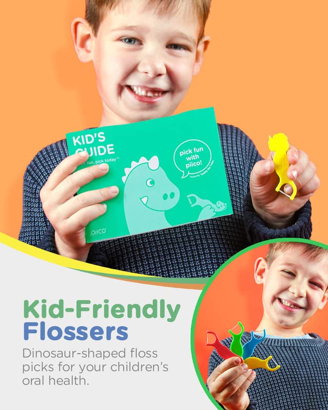Piico Unflavored Kids Floss - No Fluoride Dual Line Dental Floss Picks - Fun Oral Care in Colorful Floss Sticks Design - Flossers Prevent Tooth Decay & Gum Disease - 300 Playground Dino & Travel Case Dino Playground
