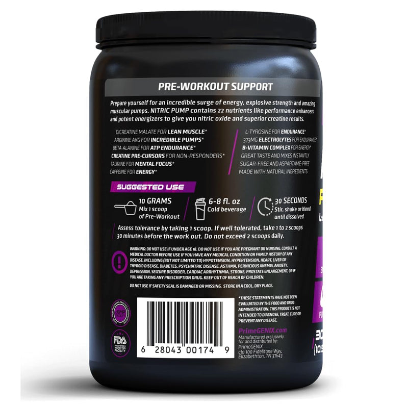 PrimeGENIX Nitric Pump Pre Workout Powder for Men & Women – 30 Servings Fruit Punch, No Bloating Formula with Dicreatine Malate, Arginine AKG, Beta-Alanine & B-Vitamins for Energy, Strength & Focus
