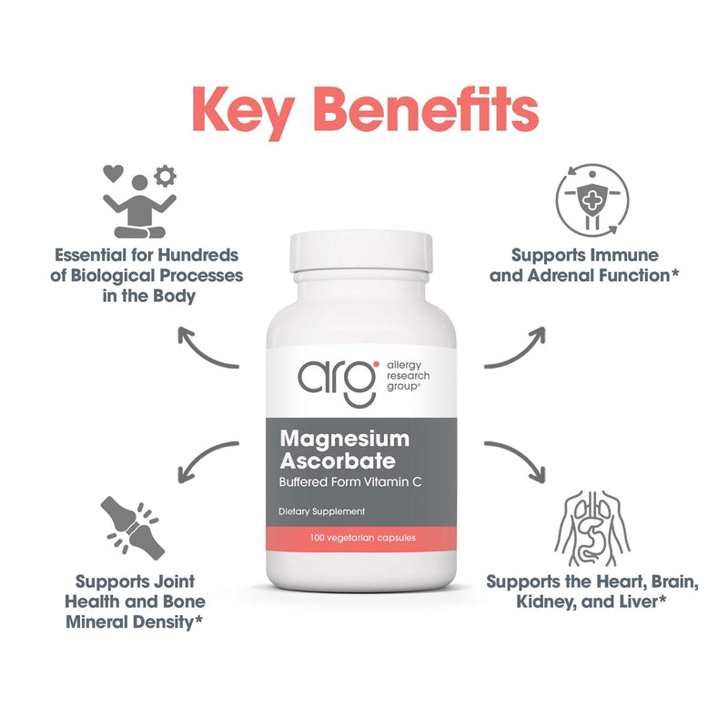 ARG Magnesium Ascorbate Buffered Vitamin C 1000 mg, 100 Capsules | Non-Acidic Buffered Vitamin C for Immune and Antioxidant Support, Gentle on Stomach, Vegetarian Formula