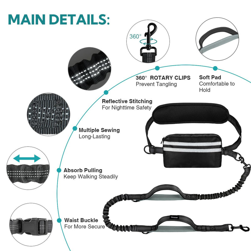 Hands Free Dog Leash, Double Dog Leash with Waist Bag, Double Padded Handles, Dog Walking Running Accessory, (Large, 26-120 lbs) Black/Gary Large 2 Leashes