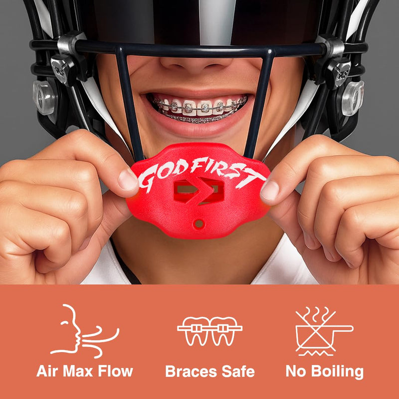 Youth Football Mouth Guard – Lip Guard Mouthpiece with Strap – Comfortable Fit – Sleefs God First Red - BeesActive Australia