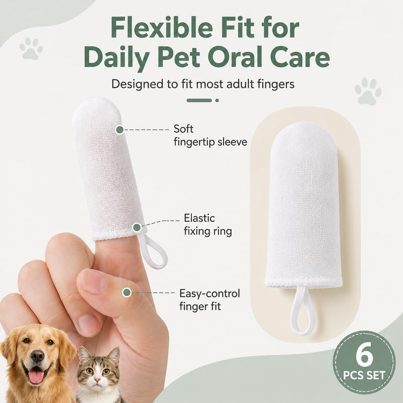 6 Pcs Pet Finger Toothbrush Set – Soft Cotton Gauze Finger Brushes for Dogs Cats Puppies Kittens – Reusable Pet Teeth, Gum and Tongue Cleaning Sleeves with Elastic Ring for Daily Oral Care