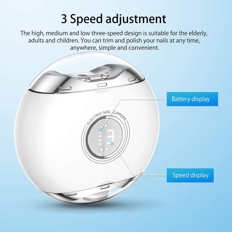 Electric Nail Clipper with LED Light & 3 Speeds, Fingernail Cutter and Polisher and Exfoliating 3 in 1 Nail Scraps Storage Rechargeable Safety Fingernail Trimmer for Baby Seniors and Adult White With Clear