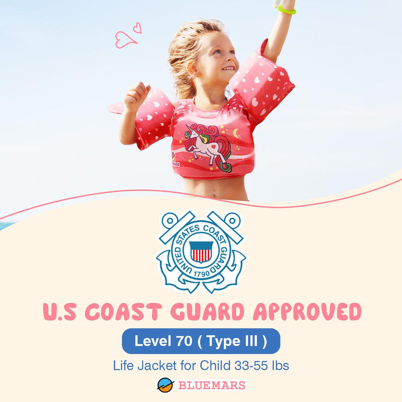BLUEMARS USCG Toddler Life Jacket Swim Vest for Age 1/2/3/4/5/6 Years Old, Coast Guard Approved Toddler Floaties for Pool Swimming,Boating, Kids Arm Water Wings for Children 30-50 lbs Pink - Rainbow Unicorn - BeesActive Australia