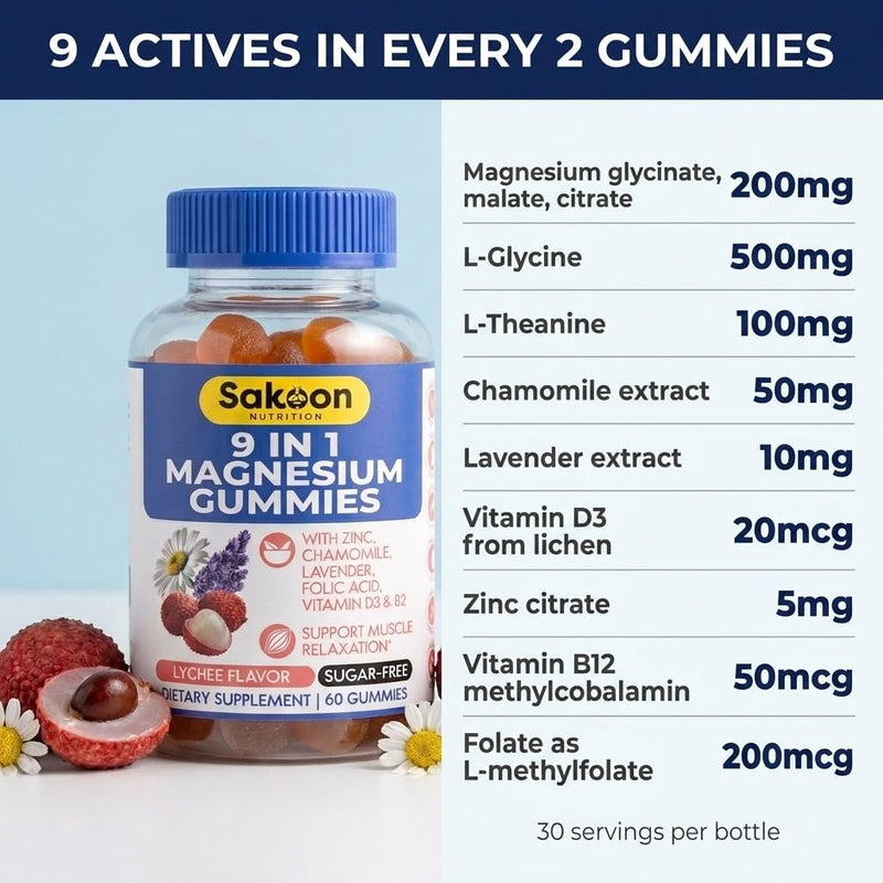 Sakoon Nutritions 9-in-1 Magnesium Glycinate Gummies 200mg | Sugar Free Magnesium Gummies for Women & Men with Zinc & Vitamin D3 | Lychee Flavor | Muscle & Stress Relief | Halal, Vegan | 60pcs