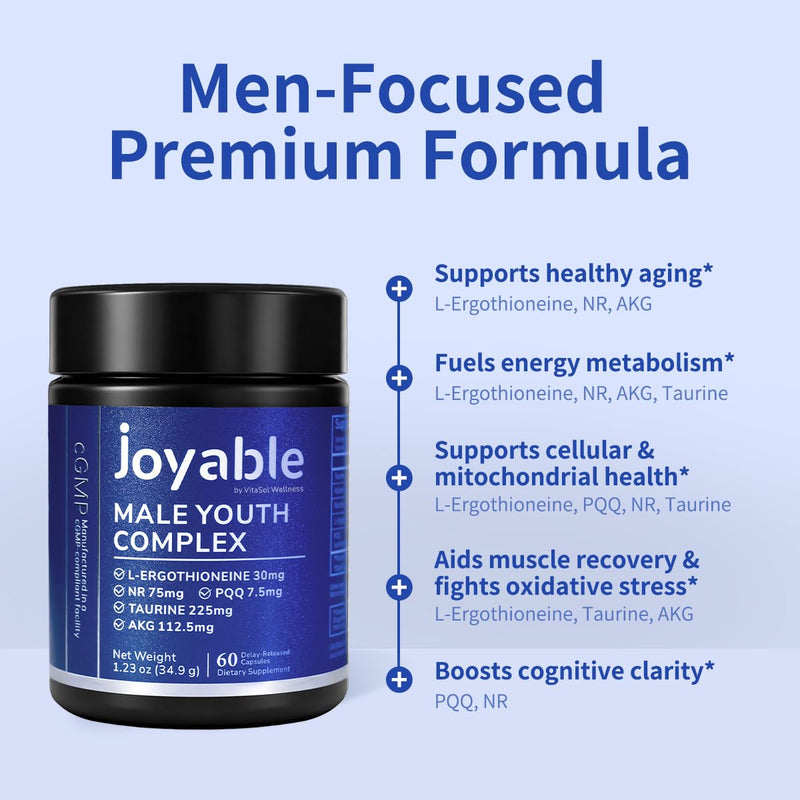 Male Youth Complex – Cellular Energy & Healthy Aging Support Supplement with NR, PQQ & Ergothioneine | 60 Capsules