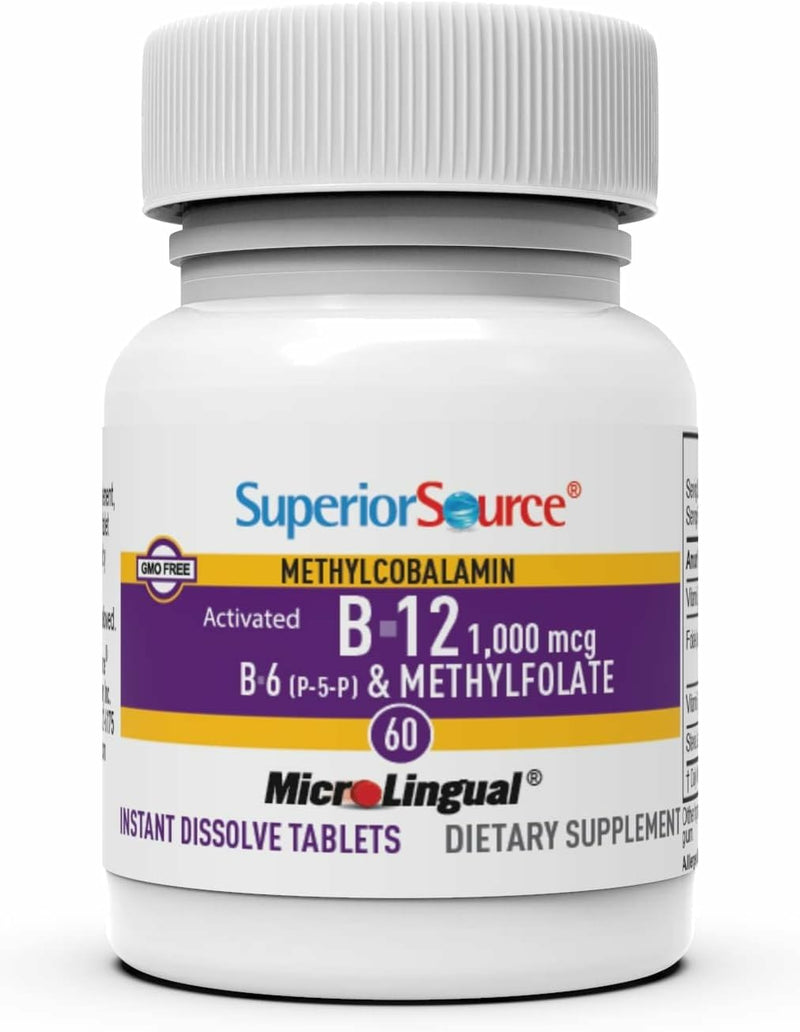 Superior Source No Shot Vitamin B-12 Methylcobalamin 1000 mcg, B-6, & Methylfolate 1000 mcg - Supports Energy, Brain, and Heart Health - Bariatric Friendly - 60 Sublingual Dissolving Tablets No Shot Activated B12 Methycobalamin 1000 mvg