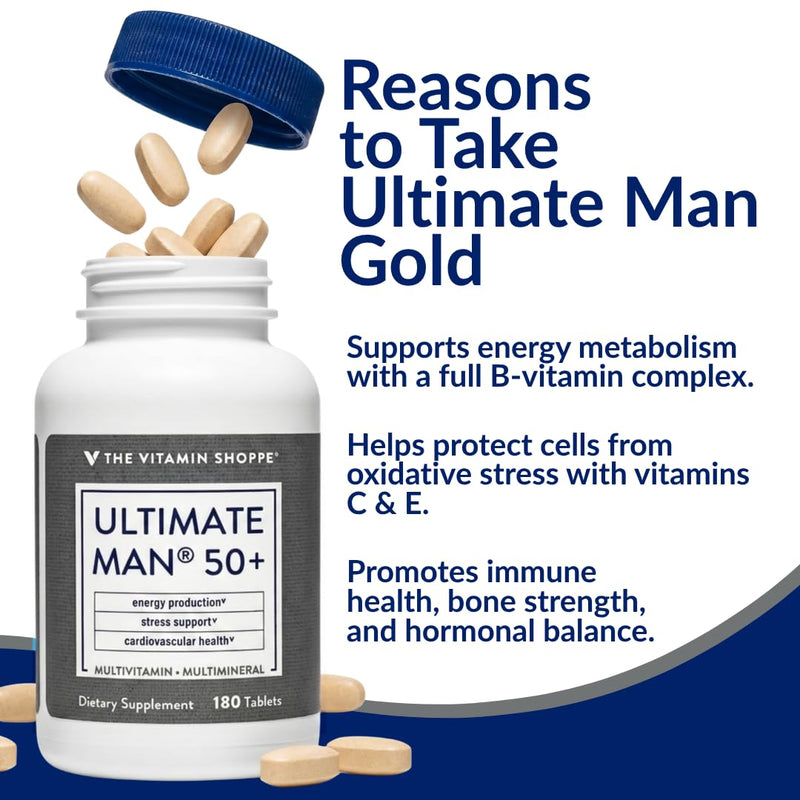 The Vitamin Shoppe Brand Ultimate Man 50+ Multivitamin, 180 Tablets | Daily Multivitamin for Men With Vitamins, Minerals & Antioxidants for Energy, Immune & Overall Wellness Support, Gluten Free