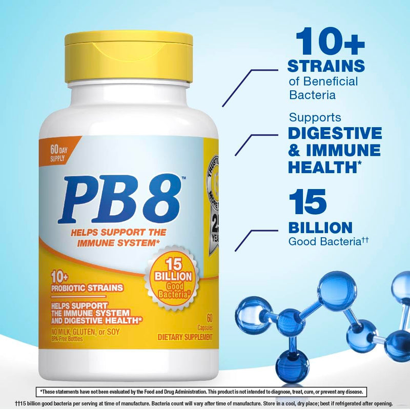 PB8 Probiotic | 15 Billion CFU | 60 Capsules | 10+ Probiotic Strains | for Women and Men | Gluten, Soy, and Milk Free Supplement Natural 60 Count (Pack of 1)