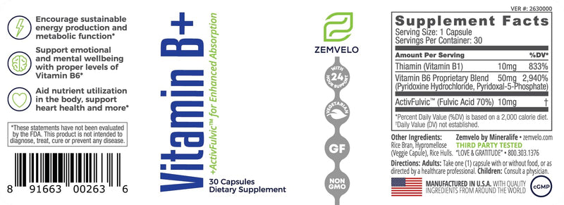 Vitamin B+ - Encourage Sustainable Energy Production | Support Healthy Immune System | Aid in Development of Seratonin and Dopamine | 30 Day Supply