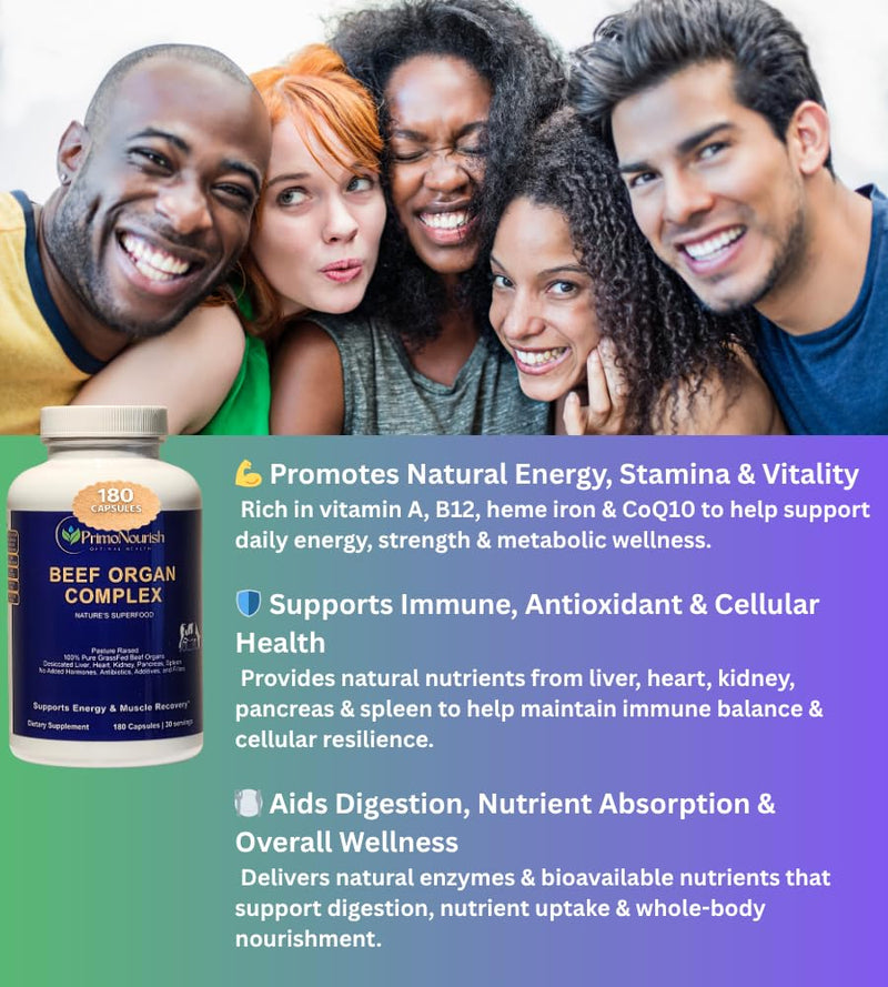 Grass-Fed Beef Organ Supplement for Energy & Vitality – Pasture-Raised Blend of Liver, Heart, Kidney, Pancreas & Spleen, 180 Capsules, Hormone-Free, Made in USA