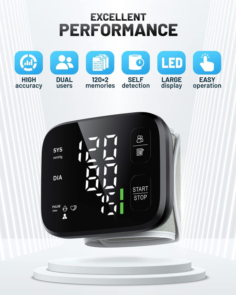 Blood Pressure Monitor LED Backlit Display Automatic Wrist Cuff Blood Pressure Monitors for Home Use 120x2 Reading Memory with Carrying Case, Black - BeesActive Australia