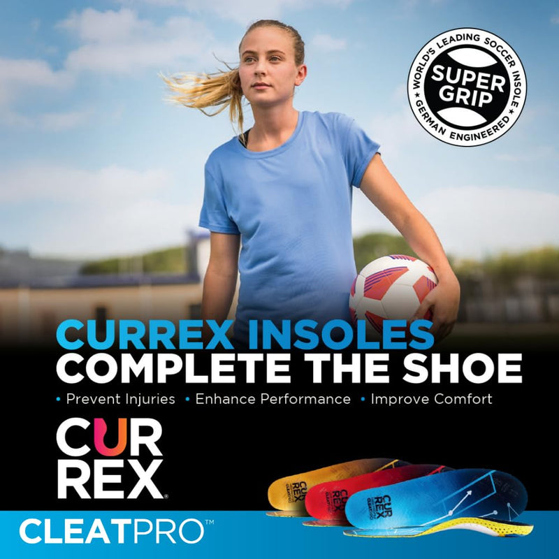 CURREX CLEATPRO - Thin, Arch Support Insoles, Comfort, Cushion & Stability in Cleats, Soccer, Football, Baseball, Softball, Super Grip for Control, Shock Absorbing Inserts, Men, Women, Medium Arch, XL Medium Arch - Yellow
