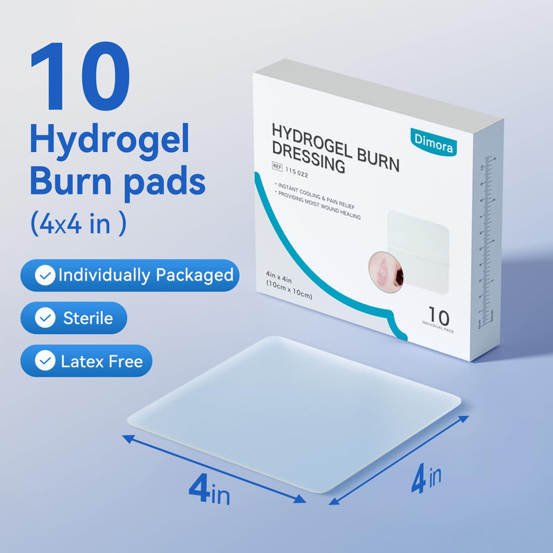 Dimora Hydrogel Burn and Wound Dressing 4" x 4" - Hydrogel Nipple Pads Instant Cooling Relief for Minor Burns & Wounds, Soothing Moist Burn Pads for 1st-2nd Degree Burns, Cuts, Abrasions, (10 Count) 4" x 4" (10 Count)