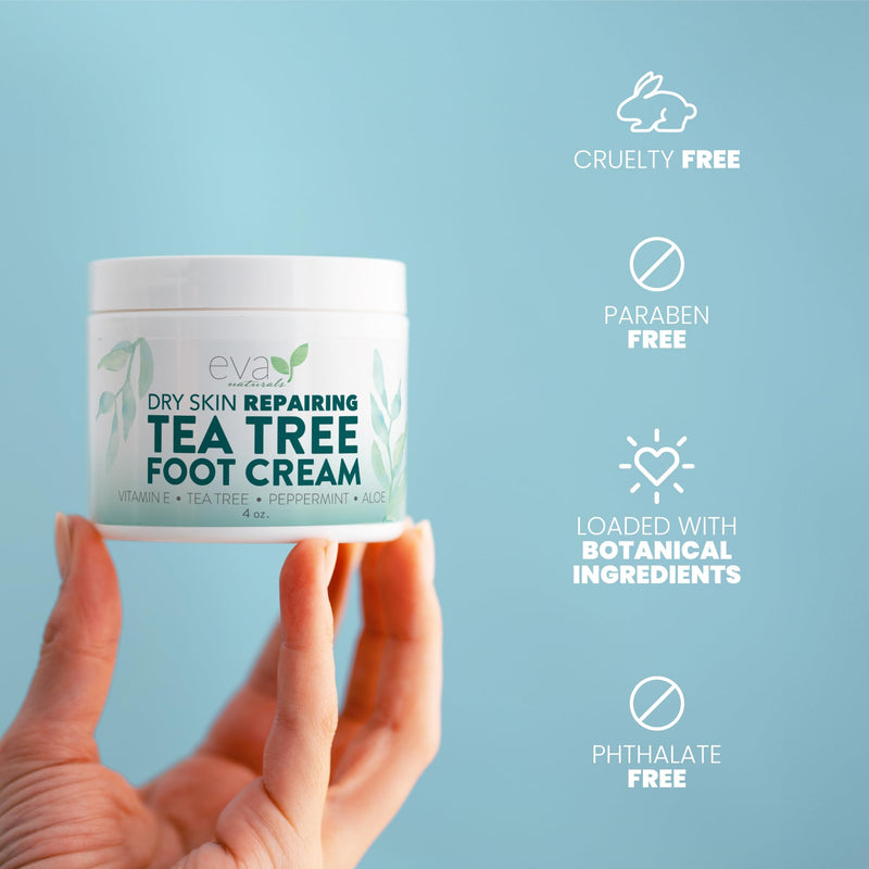 Eva Naturals Tea Tree Foot Cream – Moisturising Foot Lotion & Balm for Dry, Cracked Heels & Feet with Peppermint, Menthol, Spearmint, Aloe, Sunflower Oil & Geranium – Cream for Men & Women, 4 Fl Oz 4 Fl Oz (Pack of 1)