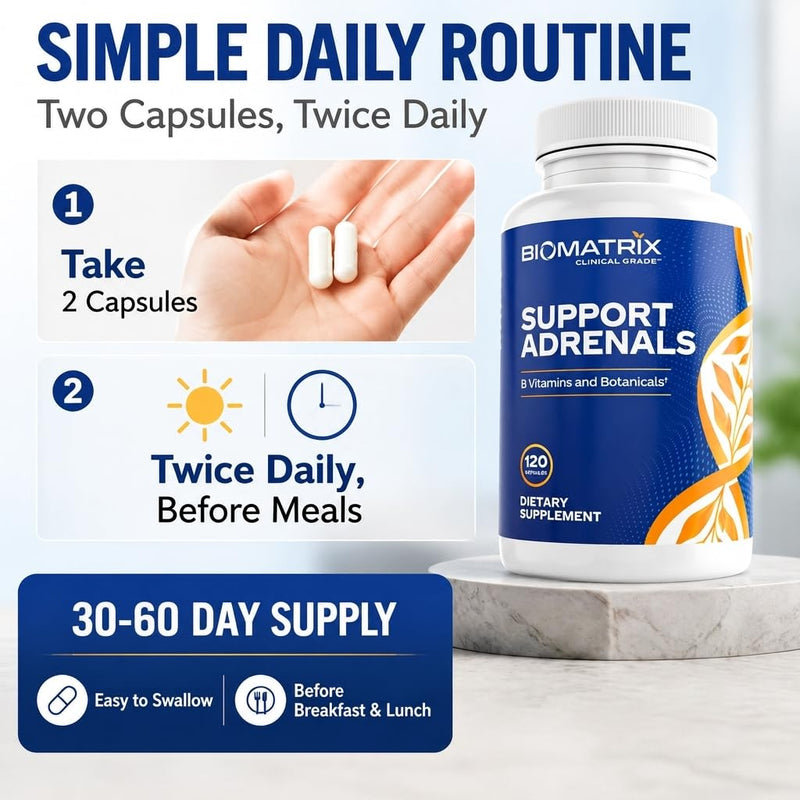 BioMatrix Adrenal Fatigue Supplement, Cortisol Manager, 5-MTHF, B Vitamins, Vitamin C, Adaptogens, Bioflavonoids, DHEA, Inositol, 30-60 Day Supply | 120 Veggie Caps