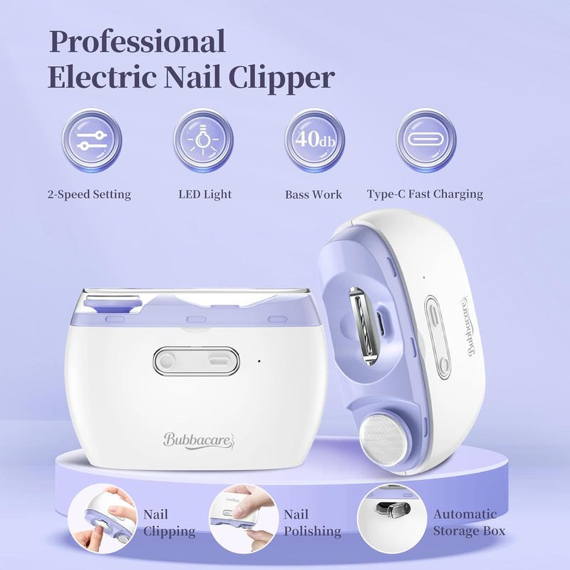 Electric 2-in-1 Nail Clipper & Polisher, 2-Speed Safe Fingernail Trimmer for All Ages, Rechargeable Automatic Nail Clipper with Light, Manicure Set for Baby Kids Seniors & Weak Hands Purple - BeesActive Australia