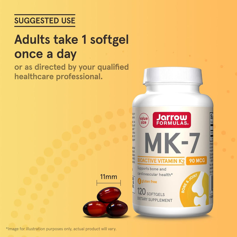 Jarrow Formulas MK-7 90 mcg - Bioactive Form of Vitamin K2-120 Servings (Softgels) - for Bone & Cardiovascular Health - Vitamin K2 MK-7 Dietary Supplement - Gluten Free (Pack of 2) 120 Count (Pack of 2)