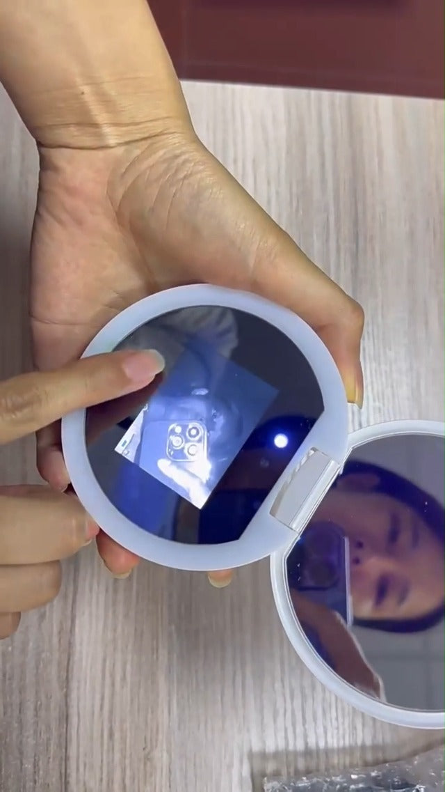 Travel Compact Mirror with Camera, 2X Magnification Portable Mirror with Lights Checking Sunscreen LED Makeup Mirror, 3.5in Folding Travel Mirror