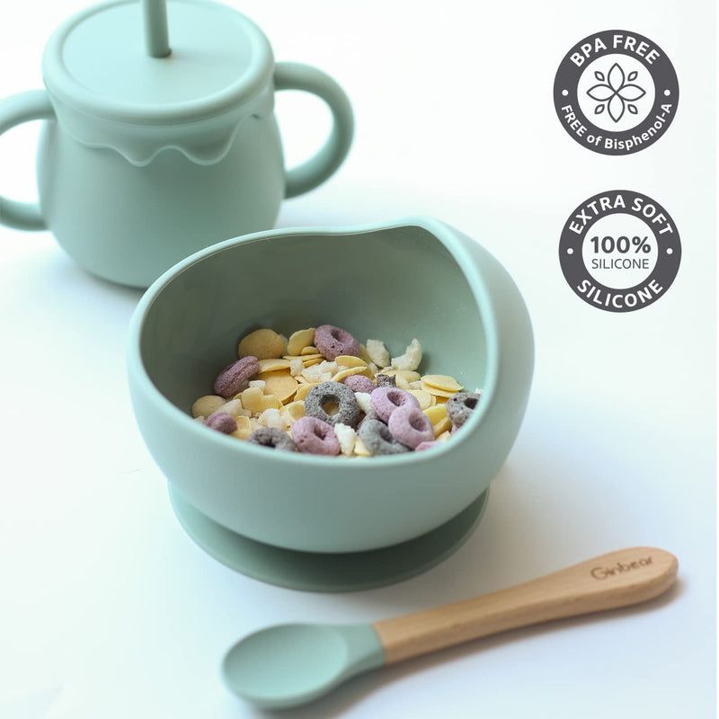 Ginbear Baby Bowls with Suction First Stage, Silicone Bibs, Baby Feeding Spoons, Baby Led Weaning Supplies for Ages 6 Months+ (Hazy Green) Hazy Green - BeesActive Australia
