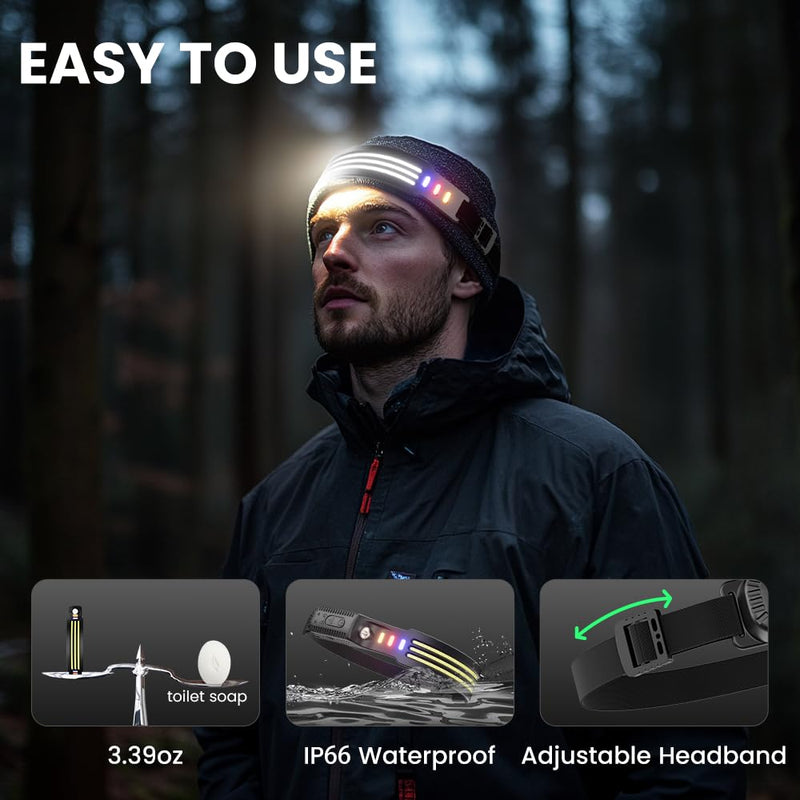 Yemao LED Headlamp with Motion Sensor, 230° Wide Beam, USB Rechargeable, Waterproof, 6 Light Modes