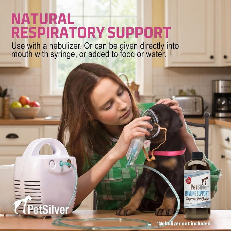 PetSilver Immune Support, Natural Nebulizer Solution, Promotes Respiratory Health in Cats & Dogs, Allergies, Sinus & Cough Treatment, Easy to Use, Patented Chelated Silver, Made in The USA, 16 fl oz - BeesActive Australia