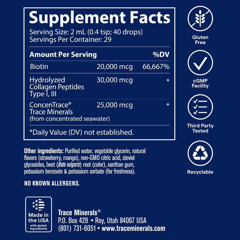 Trace Minerals Ionic Biotin + Collagen Supplement, 75,000mcg, 2 oz | Vitamin B7 biotin formula, Supports hair, skin, and nails, ConcenTrace ionic trace minerals, 2 mL daily serving, Sugar free