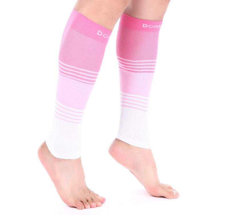 Doc Miller Calf Compression Sleeve for Men & Women – 20–30mmHg Support for Running, Shin Splints, Varicose Veins, Swelling & Leg Pain Relief – Footless Design for Nurses, Travel & All-Day Wear, 1 Pair Medium Pink.Pink.White - BeesActive Australia
