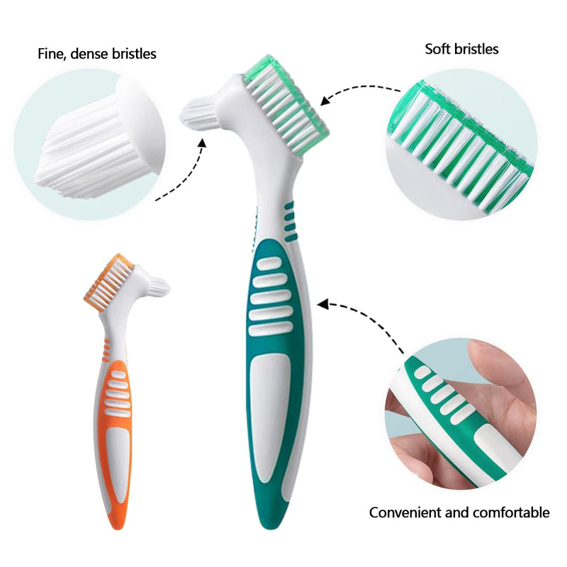 Denture Toothbrush Set, Portable Dual Head Denture Brush with Cover Case, Denture Cleaning Tool Set for Travel, Home and Camping, Dental Cleaning Brush Set for Denture Care False Teeth Cleaner Tool - BeesActive Australia