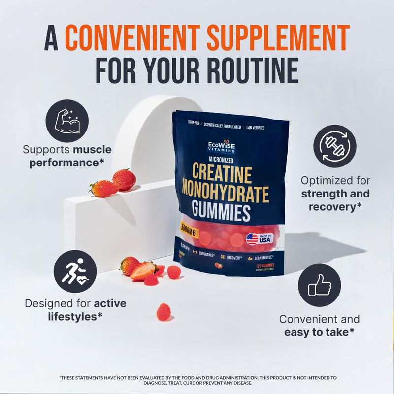 Creatine Monohydrate Gummies 5000 mg per Serving, Strawberry Flavor, with Turmeric Root & Black Pepper, Sugar Free, Vegan Creatine Gummies, 120 Gummies, 30 Servings 120 Count (Pack of 1)