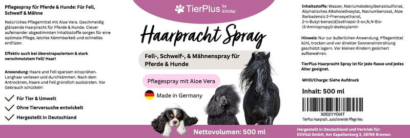 TierPlus Haarpracht spray for horses and dogs, 500 ml spray bottle, fur, tail and mane spray, care spray for silky shine, easy combing and detangling, naturally gentle care