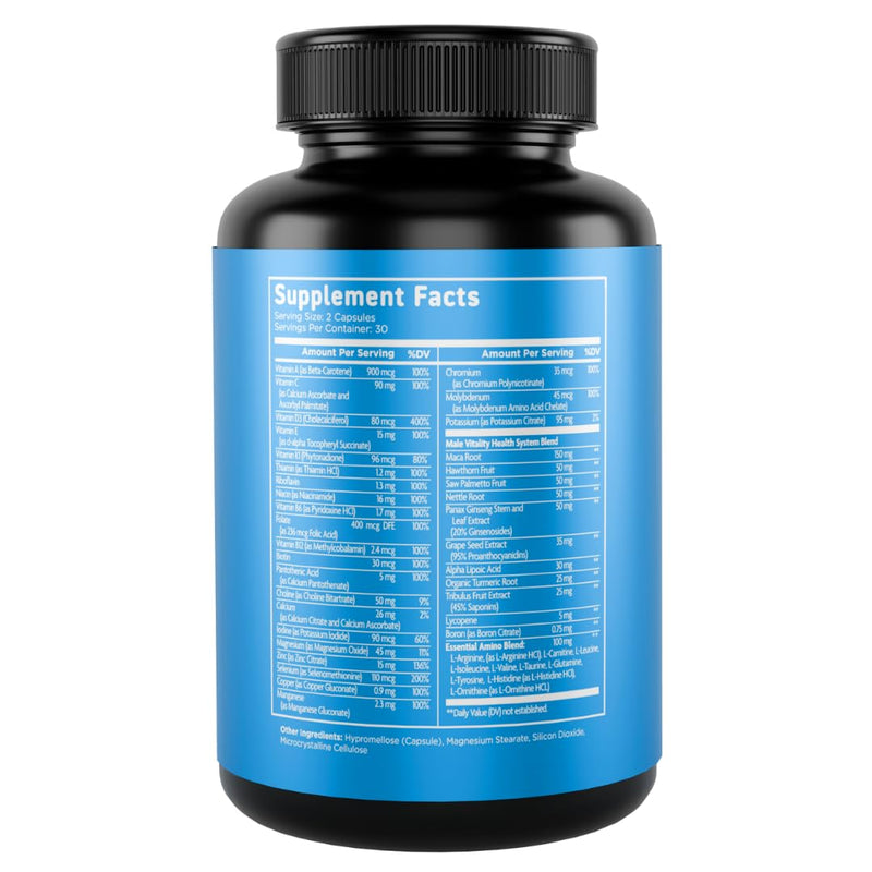 Vital Vitamins Men's Multivitamin Complex for Vitality & Performance | Complete Multivitamins with Essential Amino Blend, Maca Root, Saw Palmetto & Panax Ginseng, 60 Capsules
