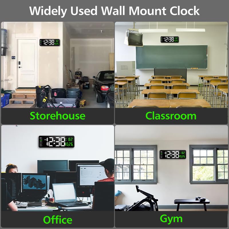 Zgrmbo 16-inch Digital Wall Clock with Remote Control, Large Display Digital Clock with Date, Indoor Temp, Week, 12/24H, Auto Dimming, A Wall Clock Suitable for Living Room, Warehouse, Shop, Gym White & Green