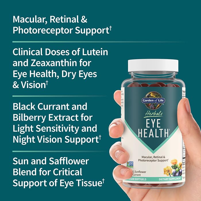 Garden of Life Herbals Eye Health Supplement with Sunflower & Safflower Oil, Lutein, Zeaxanthin & Black Currant for Dry Eyes & Healthy Vision Support – Gluten-Free, Berry Flavor, 30 Vegan Softgels