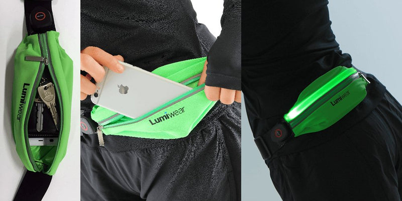 LED Reflective Running Belt with USB Rechargeable - Key, iPhone X 6 7 8 Plus Cell Phone Holder for Sports - Waist Fanny Pack for High Visibility During Walking and Cycling (White)