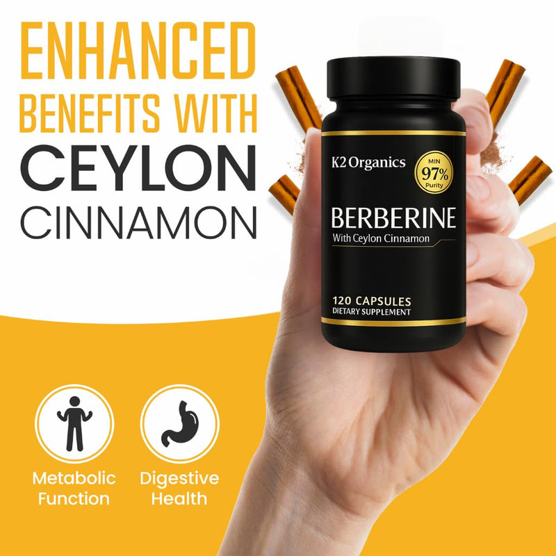 Berberine with Ceylon Cinnamon 1200mg ‚Äì 97% Purity- Non-GMO, Gluten-Free, Lab-Tested Vegan Berberine Supplement (120 Count) 120 Count (Pack of 1)