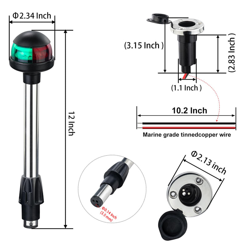 Boat Navigation Lights,Bow Lights for Boats LED,Bi-Color Light Pole Removable 2 Pin Plug-in Mount Base,DC12V 12 Inches - BeesActive Australia