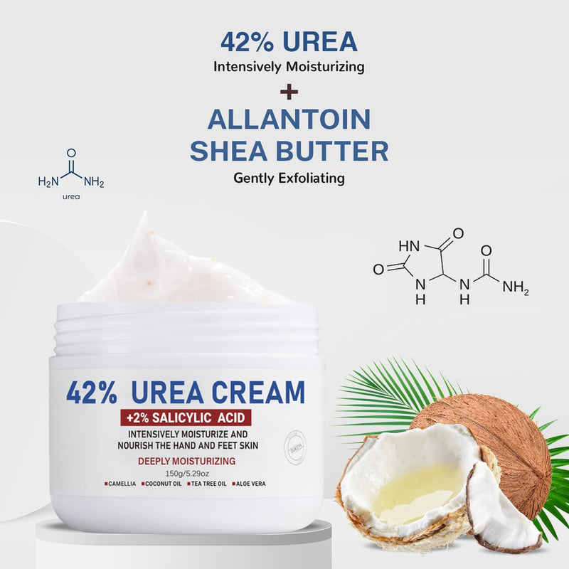 OUKEYA Urea Cream 42% plus Salicylic Acid 2% for Dry Cracked Feet, Heel, Knees, Elbows, Hands – Intensive Moisturizing Cream for Very Rough Skin, 5.29 oz, Pack of 2 5.29 Ounce (Pack of 2)