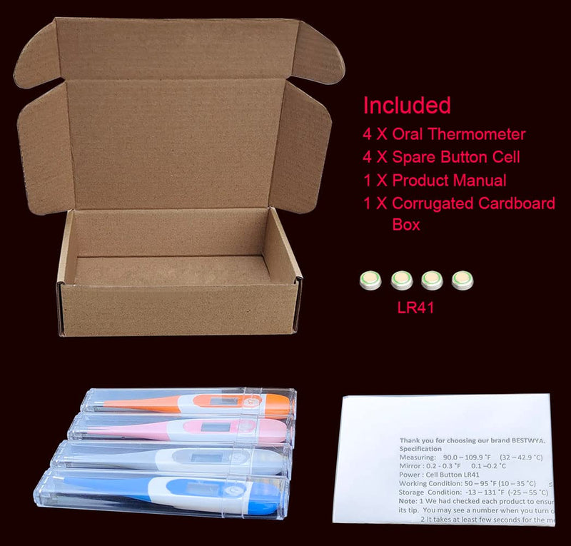 Oral Thermometer, Digital Thermometer for Fever (A, Pack of 4) A