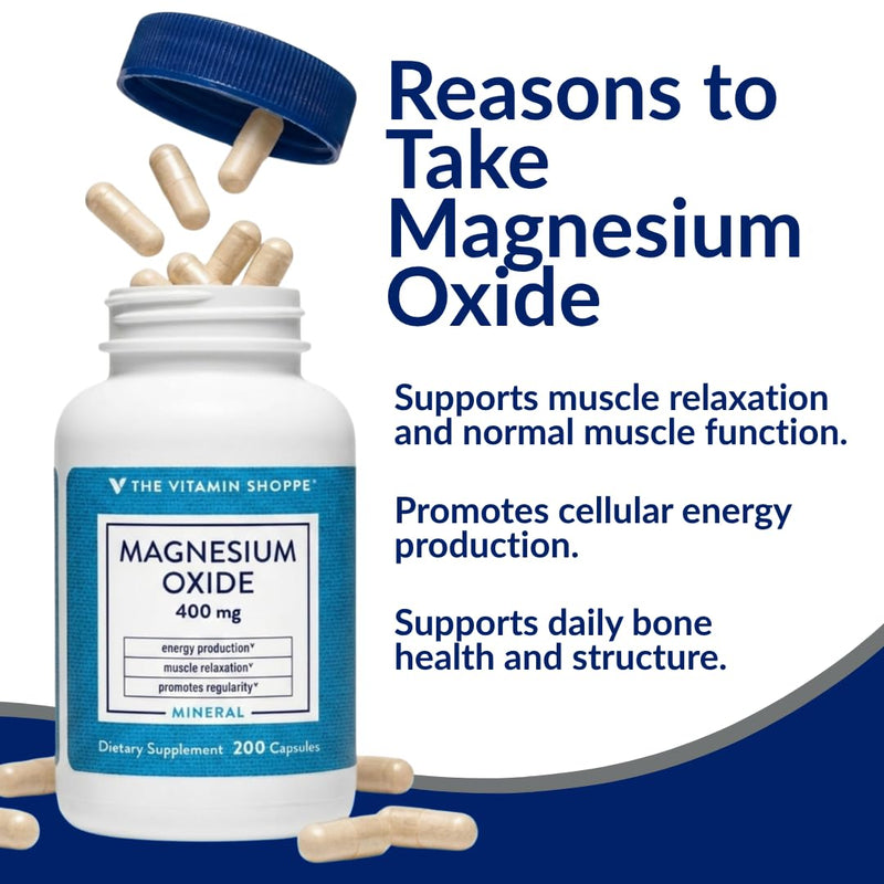 The Vitamin Shoppe Brand Magnesium Oxide 400 mg, Bone Support, 200 Count | Daily Magnesium Mineral for Muscle Relaxation, Bone Health & Energy Production Support for Men & Women, Dairy & Gluten Free